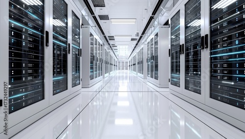 A long, brightly lit server room with rows of tall, sleek server cabinets on either side, and a highly polished floor reflecting the light