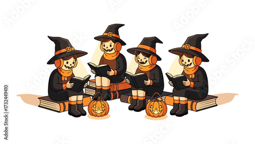Mystical Halloween Gathering: A captivating illustration captures a group of young witches engrossed in a mystical ritual, illuminated by the enchanting glow of jack-o'-lanterns.