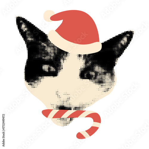 Christmas art collage clipart. Funny halftone cut out cat head in Santa hat, with candy cane. Vintage dotted sticker, Modern retro grunge mixed media vector illustration on transparent background