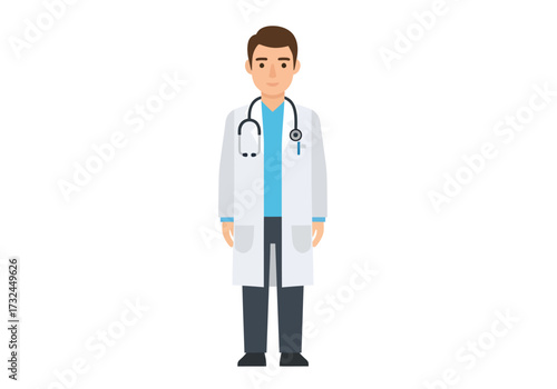 Healthcare doctor professional wearing stethoscope and lab coat standing ready offering medical assistance in hospital or clinic environment