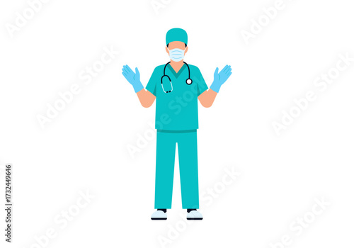 Professional surgeon in scrubs wearing a mask and gloves showcasing a stethoscope