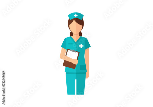 Professional nurse medical staff holding clipboard patient healthcare occupation in hospital clinic, vector illustration representing medicine and service