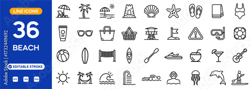 Beach line icon set. Summer & seaside related line icons: umbrella, palm tree, sunglasses, flip-flop, shell, surfboard, drink, wave, dolphin, and more. Editable stroke. Vector illustration