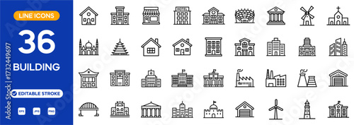 Building line icon set. Architecture and construction related line icons: house, office, bank, school, church, temple, museum, hospital, hotel, factory, and more. Editable stroke. Vector illustration.