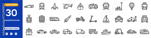 Transportation line icon set. Travel and vehicle related line icons: car, train, airplane, bus, ship, scooter, bicycle, and more. Editable stroke. Vector illustration.