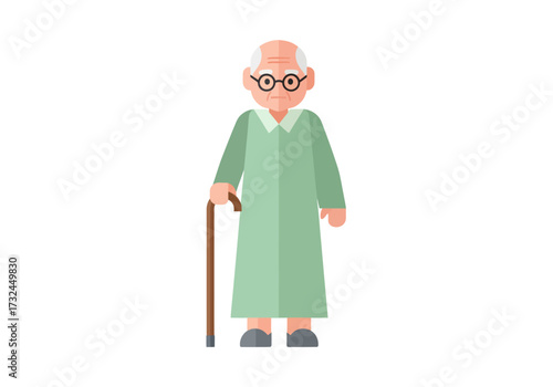 Senior man walking with cane in cartoon style, health illustration perfect for medical explainers and geriatric care ads