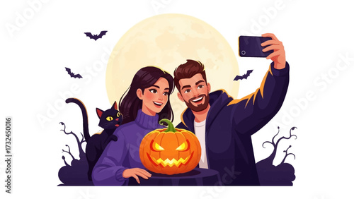 Halloween Selfie with Joy: A young couple, beaming with smiles, captures a festive selfie with a carved pumpkin. The backdrop features a full moon, bats, and an eerie cat.