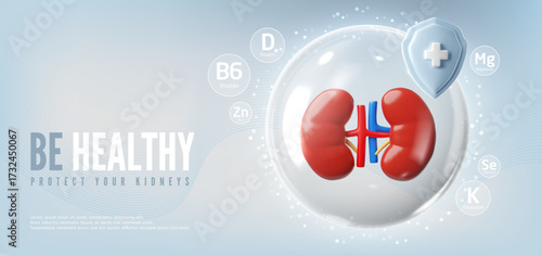 3D human kidneys in a protective bubble, shield with a plus sign and vitamins, blue background.