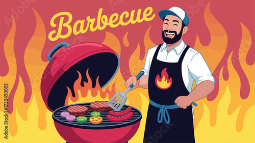 Colorful illustration of man grilling food on barbecue with flame apron, vibrant summer cookout scene with meats, veggies, and cheerful vibe
