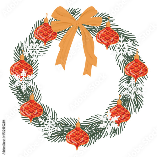 Wreath with Bow and baubles, Christmas circle frame, round border
