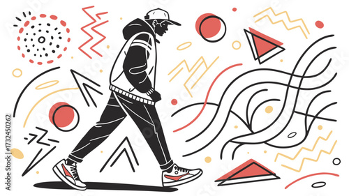 Stylized illustration of a person walking forward with streetwear clothing and abstract shapes design concept