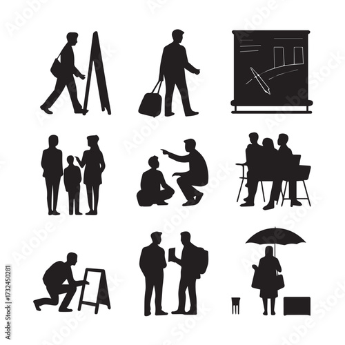 Vector art of collection of silhouette icons representing people in various everyday situations and activities