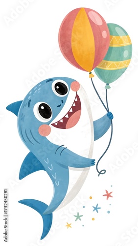 Cheerful Baby Shark with Balloons Delightful Cartoon Illustration Perfect for Children's Decor and Celebrations Underwater Adventure Theme