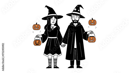 Halloween Sorcery: A whimsical illustration of two figures, a witch and a wizard, hand in hand, poised to embark on an evening of spooky celebrations and fun. 