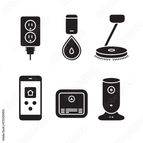 Vector art of collection of smart home device icons including a smart plug, water sensor, robot vacuum, smartphone app, thermostat, and security camera