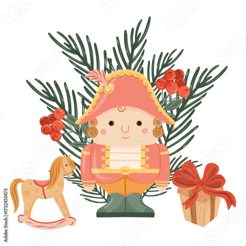 Nutcracker, rocking horse, present box on the twigs background illustration