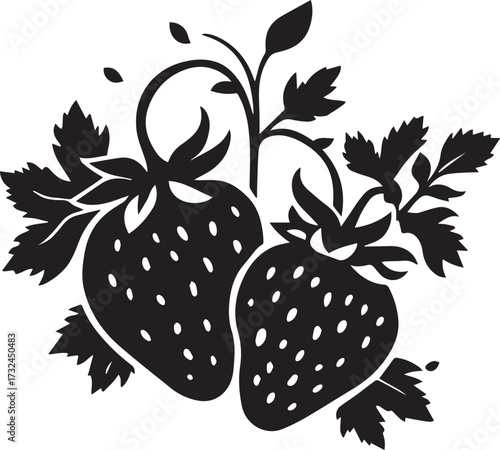 Black and white strawberry silhouette illustration — two stylized fruits with leaves and stems for food, nature, and design themes
