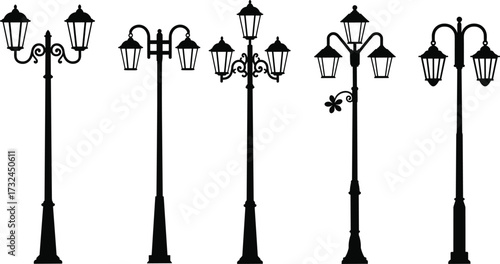 Vintage street lamp silhouette set, ornate lantern post vector art, decorative outdoor lighting design, classic urban electricity infrastructure, retro lamp illustration collection
