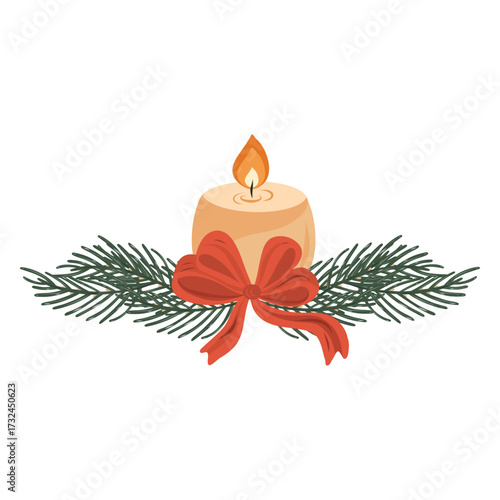 Candle with Twigs and Bow illustration, Holiday Candle Sprig, Candle and Pine