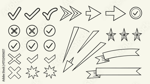 Set of Hand-Drawn Check Marks, Arrows, and Decorative Elements