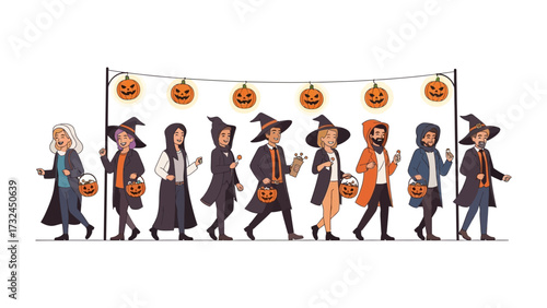 Halloween Parade: A festive Halloween parade with costumed individuals, each character with unique attire.