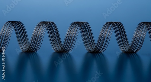Abstract 3D rendering of a coiled wire sculpture with a glossy reflective surface against a blue background