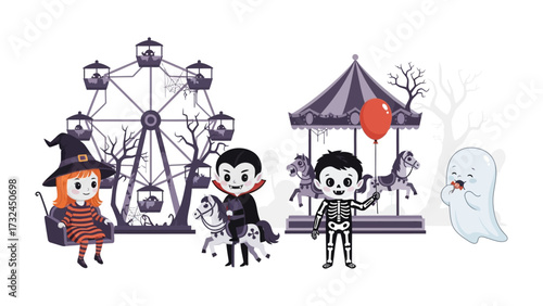 Halloween Carnival: Cute Halloween-themed characters and elements come together to create a charming illustration of a carnival or amusement park setting, complete with a Ferris wheel, carousel.