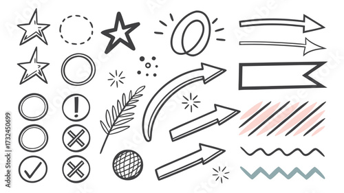 A versatile collection of hand-drawn doodle elements with arrows, stars, and circles for annotation