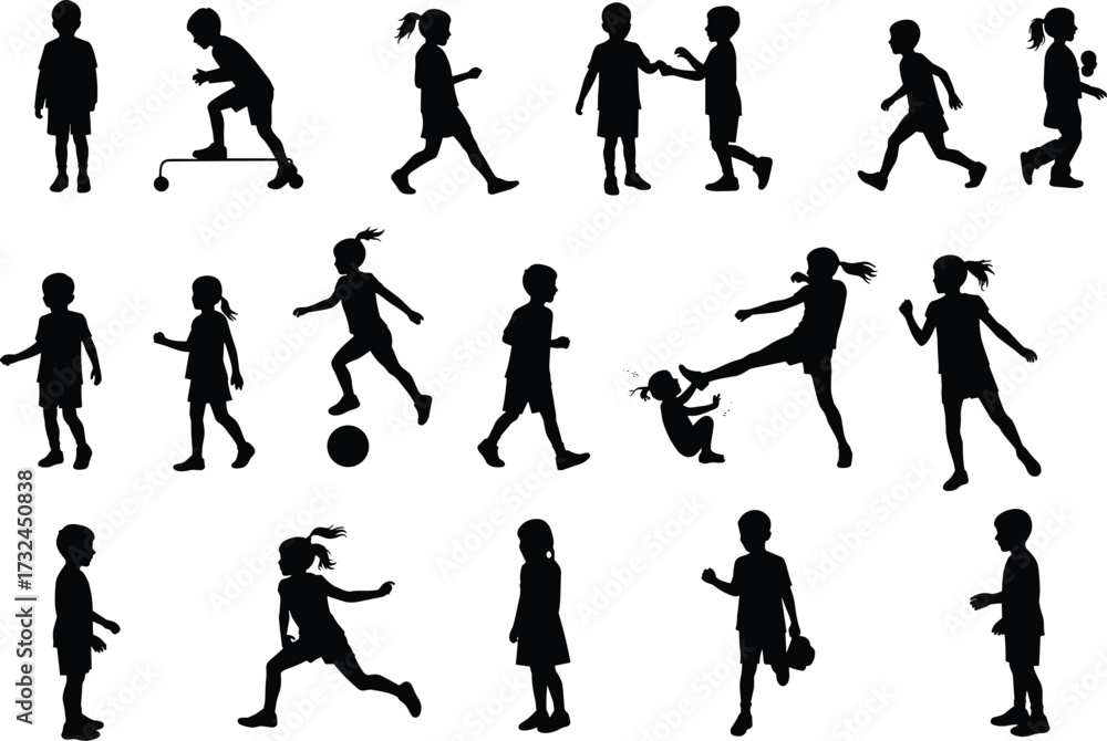 Naklejka premium Children silhouettes playing, walking, running, standing, and interacting in different poses vector illustration design isolated on white background
