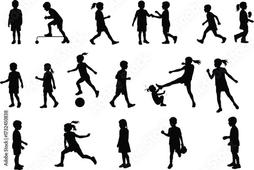 Children silhouettes playing, walking, running, standing, and interacting in different poses vector illustration design isolated on white background