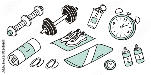 Flat Vector Doodle Set of Fitness and Workout Essentials on White Background