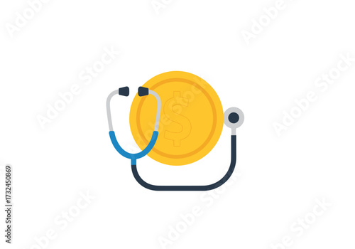 Financial health checkup with stethoscope examining golden dollar coin assessing economic wellbeing and monetary soundness