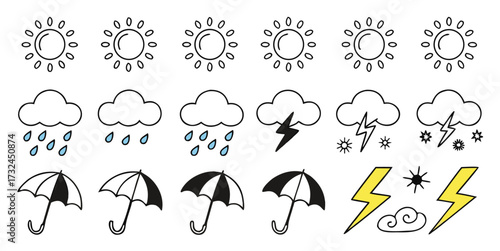 Weather Icons Sun, Clouds, Rain, Snow, Umbrellas, and Lightning