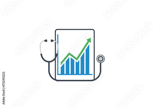 Healthcare analytics showing growth and success with a chart display on a tablet using stethoscope as symbol of medical improvement