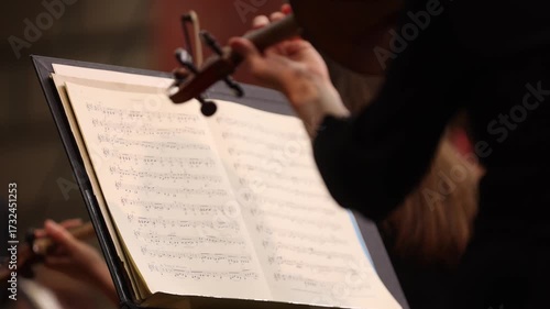 Unrecognizable violin player performing in orchestra ensemble 