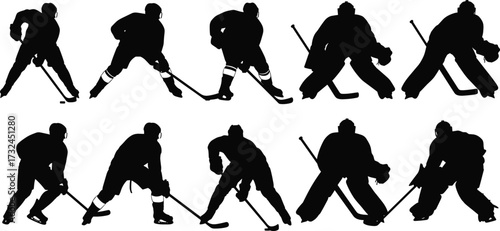 Silhouette collection of ice hockey players with sticks and goalies in action, skating, shooting, defending, vector sports illustration design