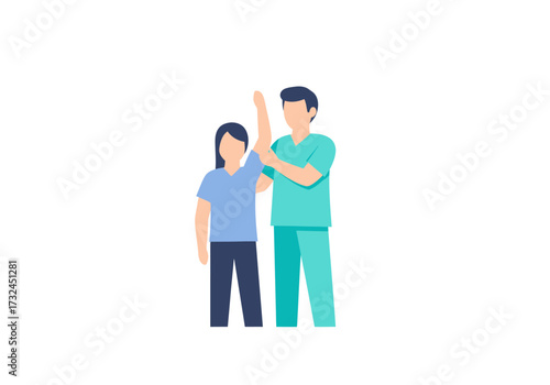 Physical therapist assisting patient with shoulder exercises promoting rehabilitation and recovery during physiotherapy session