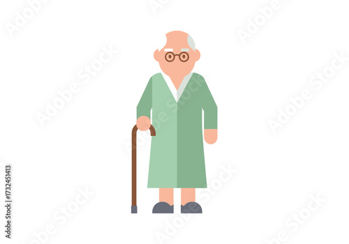 Senior man illustration with walking stick geriatric care in simple flat vector style for retirement home graphic design.