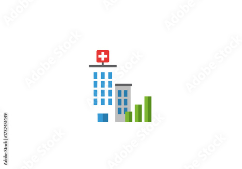 Growing hospital finances and business in healthcare industry depicting bar graph increasing near building