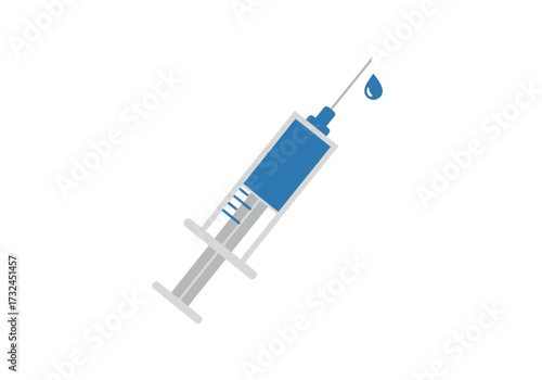 Medical syringe injecting blue liquid medication treatment prevention of disease vaccination concept