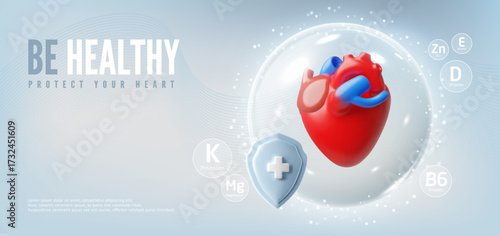 Be healthy protect your heart 3D vector banner, heart organ in protective sphere, shield with cross, medicine treatment