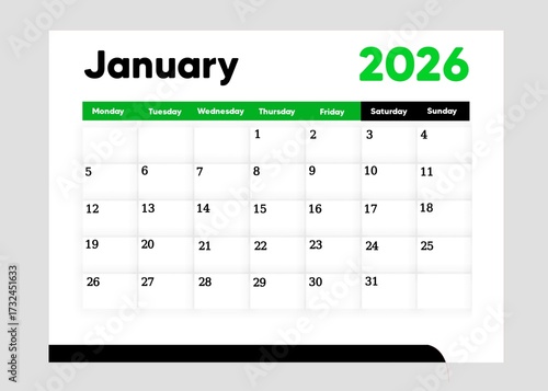 January 2026. Minimalist Monthly Calendar Template