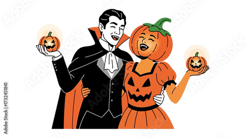 Halloween Couple Celebration: A spooky and cheerful depiction of a couple in delightful Halloween costumes. A charming illustration captures the essence of seasonal joy.
