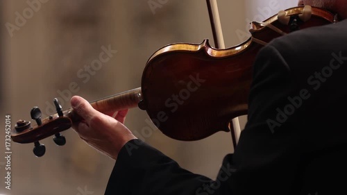 Unrecognizable violin player performing in orchestra ensemble 