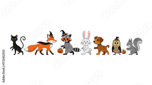 Halloween Friends Procession: A whimsical illustration of adorable animals dressed up in Halloween costumes, marching in cheerful procession. Each character is filled with playful spirit.