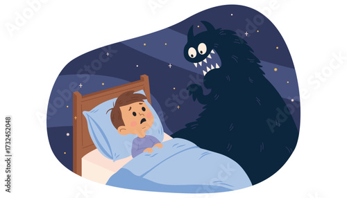A little boy is afraid of monsters at night. The boy sleeps in his bed. Children's illustration 