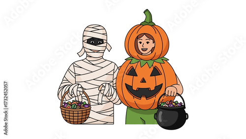 Spooky Halloween Duo: A mummy and a pumpkin-costumed figure engage in trick-or-treating with overflowing candy buckets, illustrating the jovial Halloween experience.