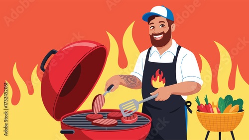 Man grilling hamburgers on red barbecue with flame apron, smiling in outdoor setup with vegetables—fun summer cooking and gathering vibe