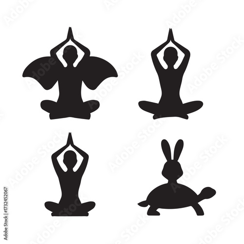 Vector art of four black silhouette yoga poses, two with human figures and two with animal or object integrations