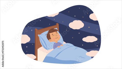 Cute boy sleeping in bed at night. Dreams and aspirations. Vector illustration in flat style.